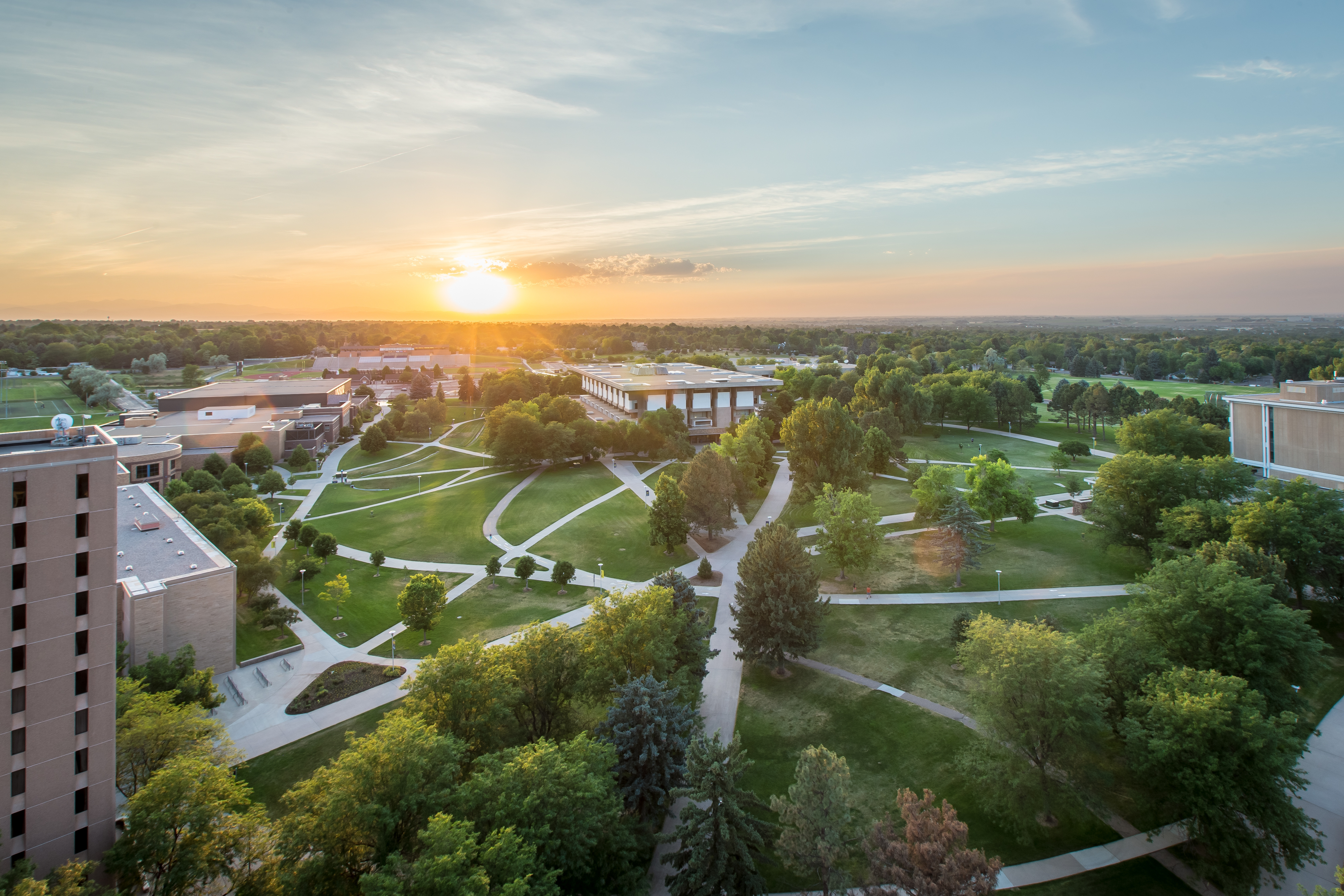 Aerial view of University of Northern Colorado at sunrise.