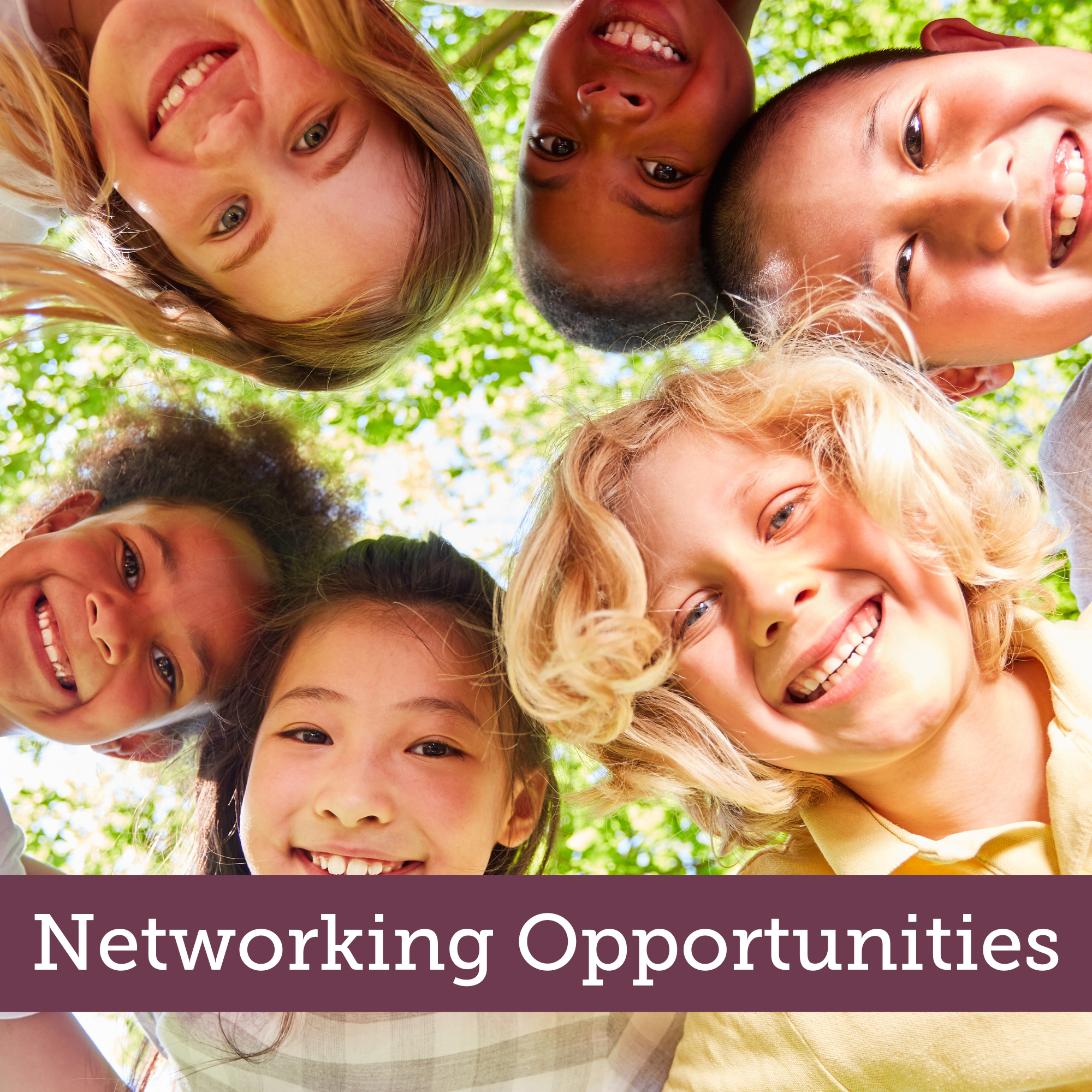 a group of children standing in a circle with their arms around each other with a banner that reads networking opportunities