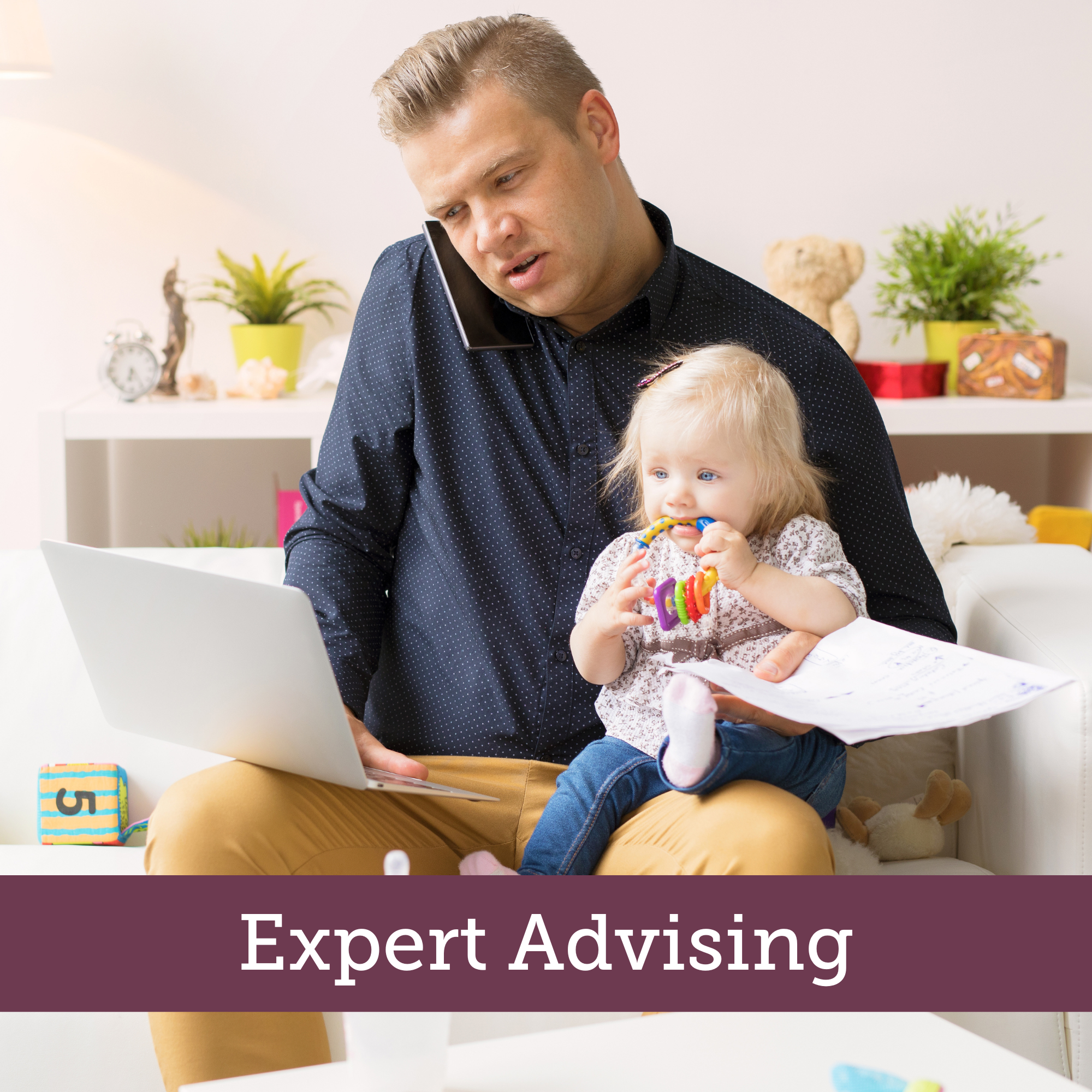 A person sitting on a couch with a baby and a laptop with a banner that reads expert advising
