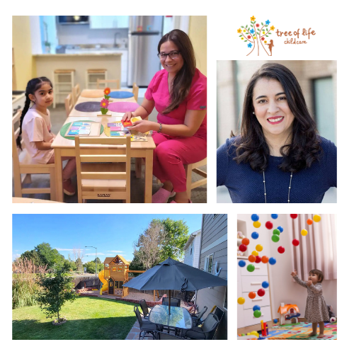 a photo collage with four photos including a person in pink scrubs is sitting at a table with a child, a backyard with a table and chairs and an umbrella, a person with long dark hair and a blue top, and a child playing with colorful balls on the floor.