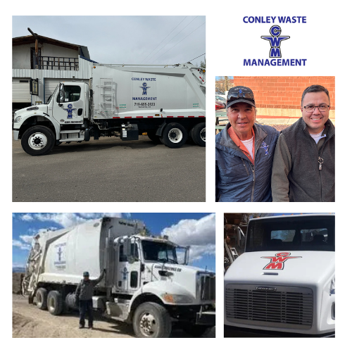 a four photo collage of a garbage truck parked in front of a building, a person standing next to a garbage truck, two people standing next to each other in front of a brick building, and a truck is parked in front of a building.