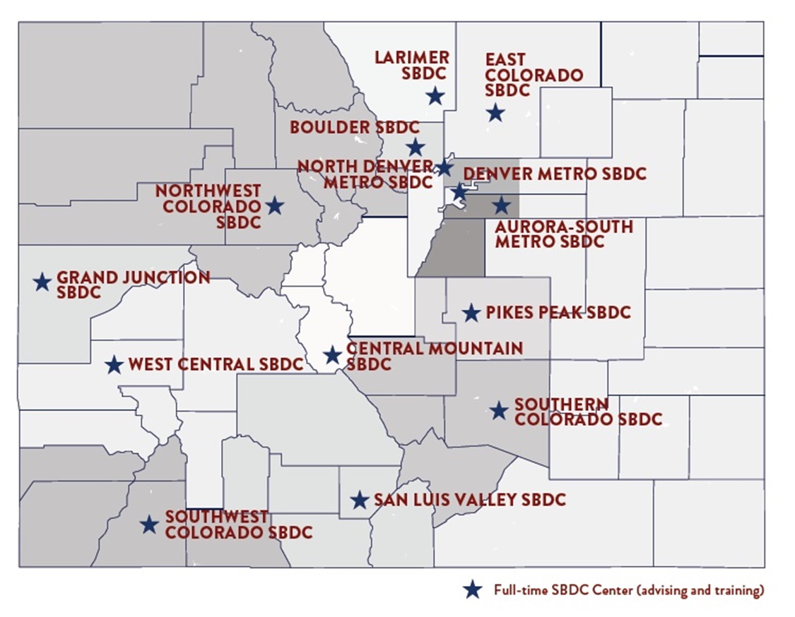 Colorado map by counties with SBDC Centers