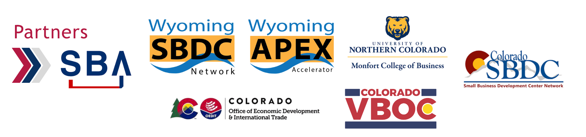 SBA Logo, Wyoming SBDC Network Logo, Wyoming APEX Accelerator Logo, University of Northern Colorado Monfort College of Business Logo, Colorado Small Business Development Center (SBDC) Logo, OEDIT logo, Colorado VBOC Logo.