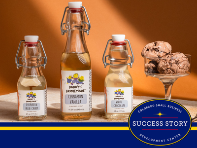 three bottles of different flavored syrups next to a bowl of chocolate ice cream.