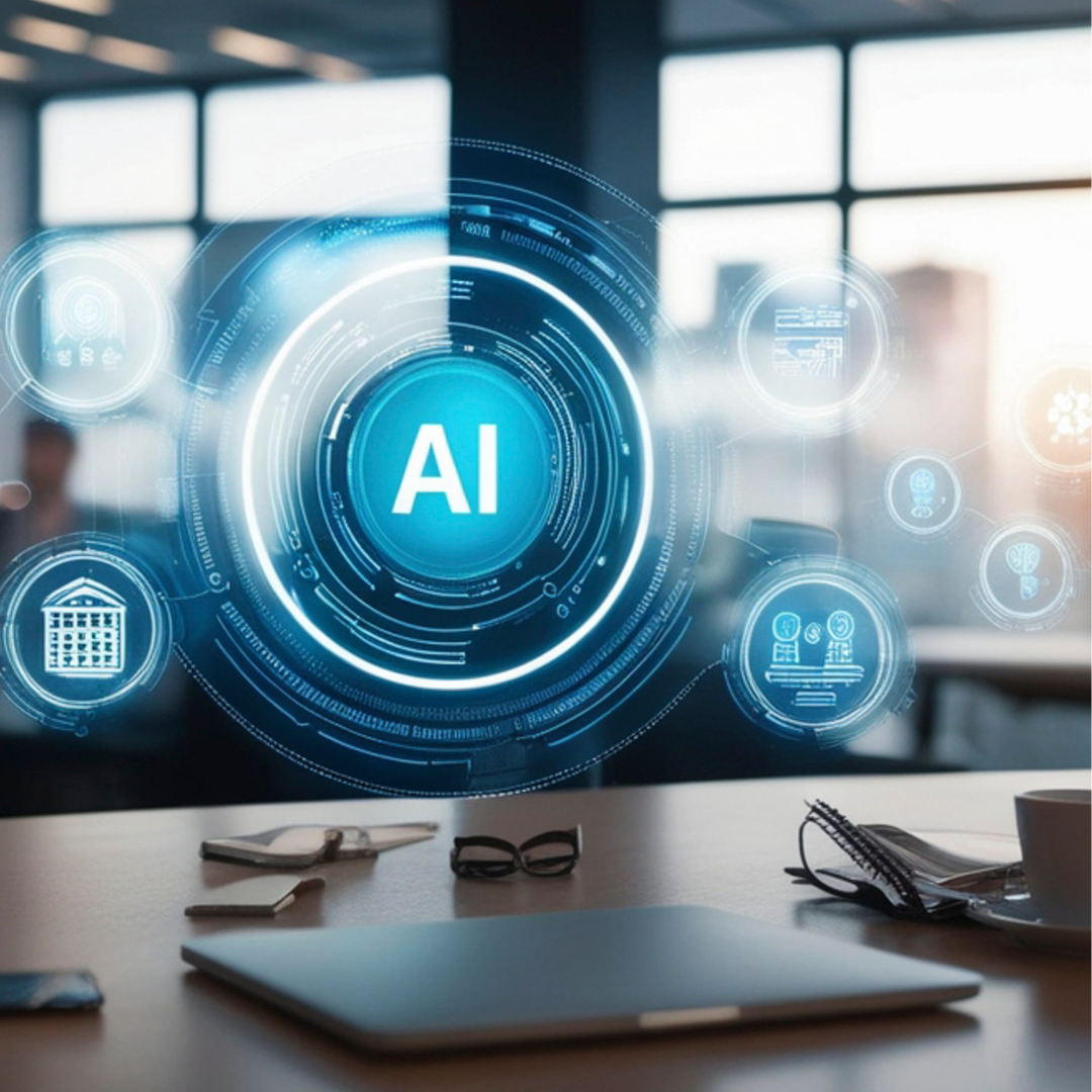 Image of laptop and personal items at desk with electronic AI hovering above