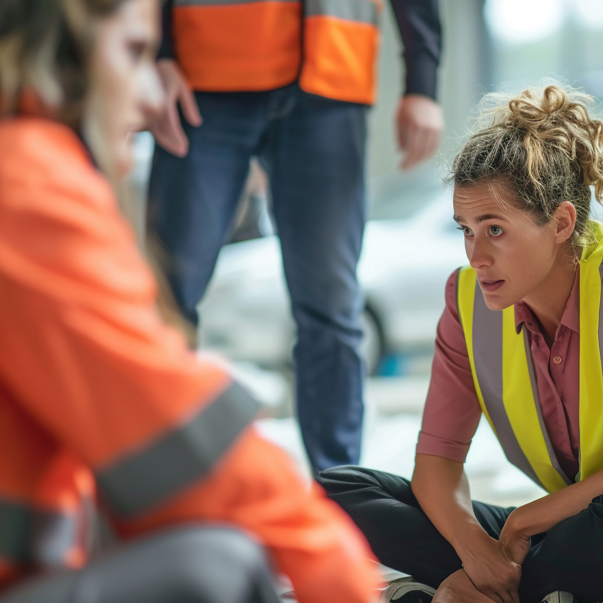 a person sitting on the ground with their hands on their knees.