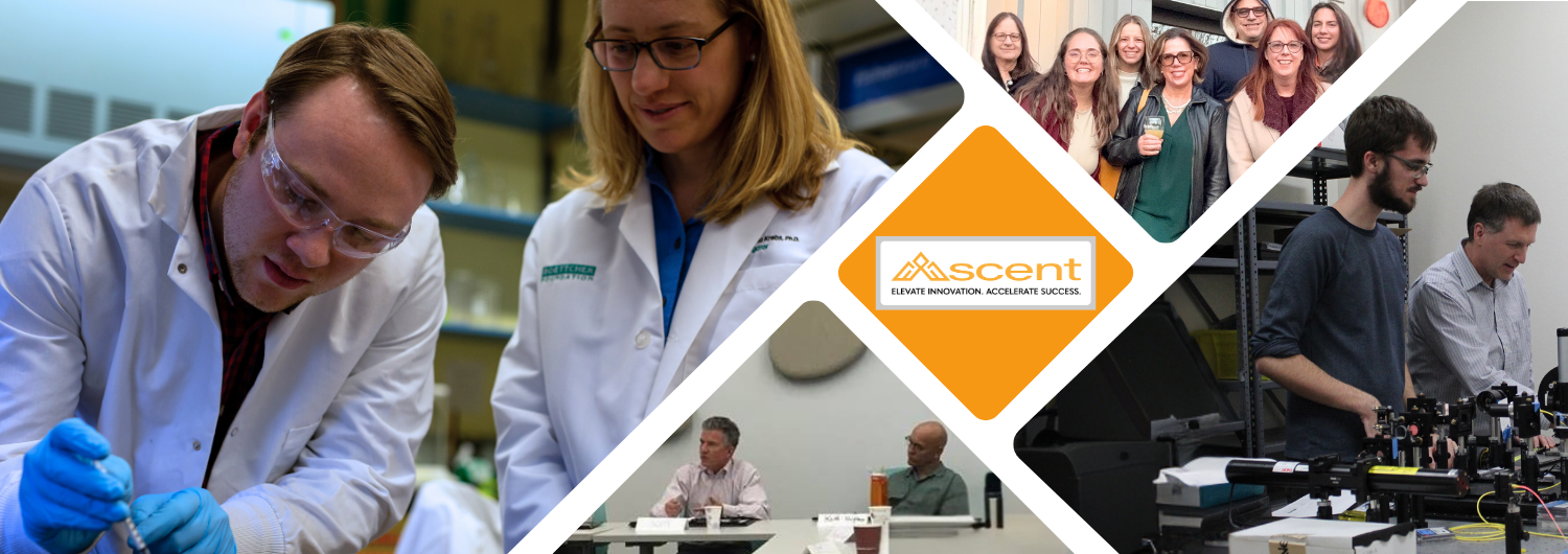 a four-photo banner (clockwise) two people in lab coats working on something, a group of people posing for a photo together, two people sitting at a table in a session. 