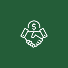 an icon of two hands shaking with a dollar sign hovering above in the middle.