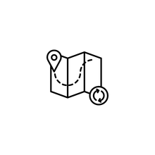 Icon of a folded map with a pin and a dashed line representing a route, and a circular arrow icon indicating refresh or repeat.