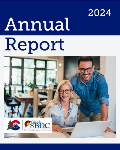 Colorado SBDC 2024 Annual Report cover with two people are smiling while working on a laptop in an office.